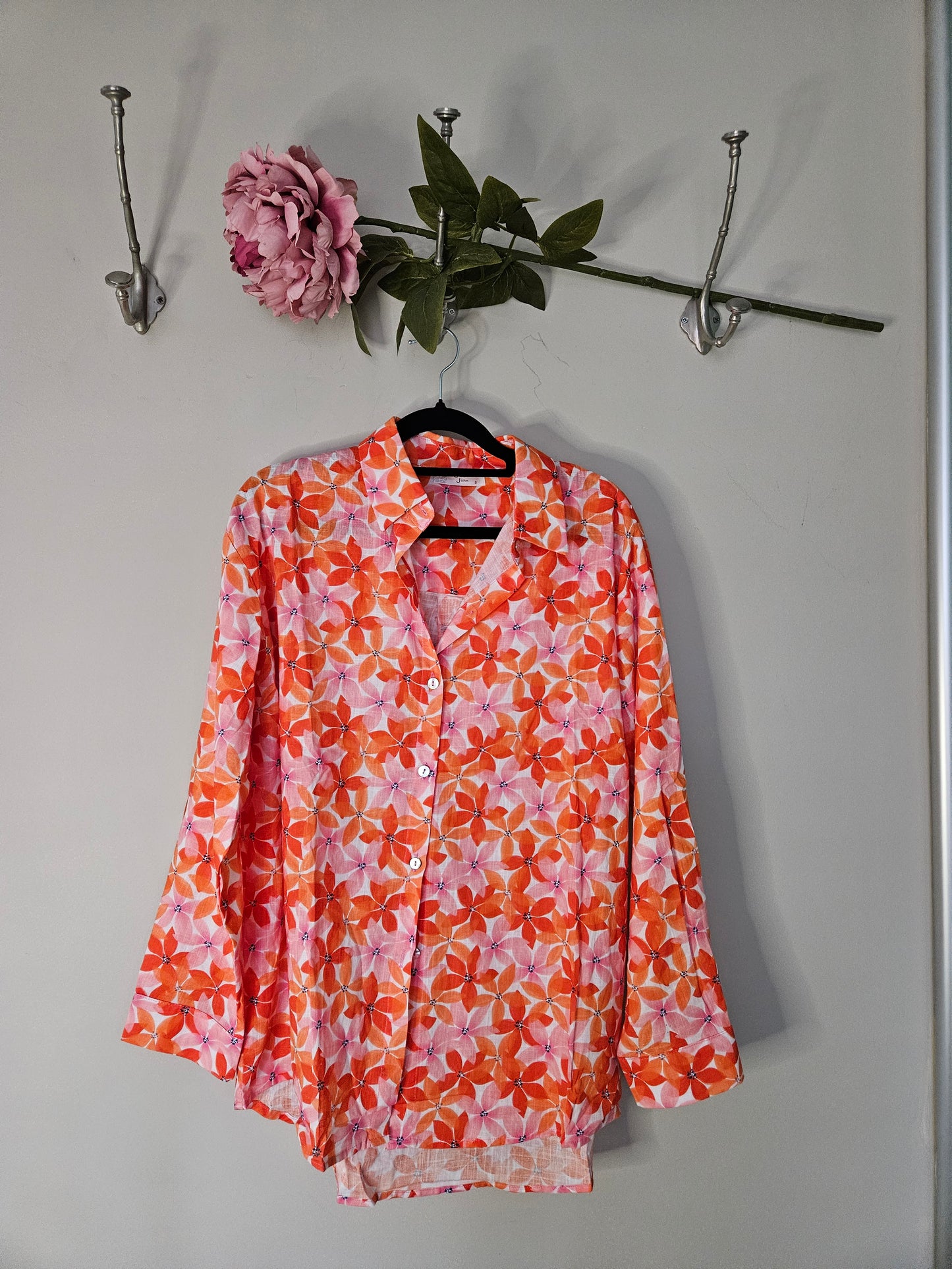 Bloes lange mouwen katoen rose/oranje bloemprint