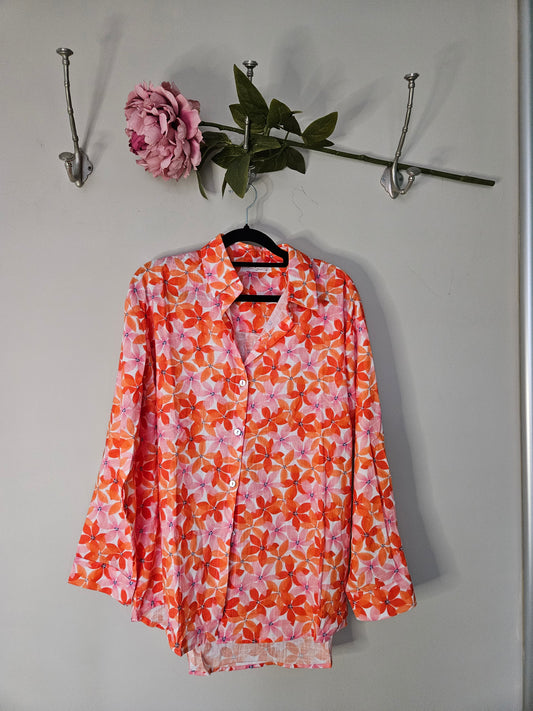 Bloes lange mouwen katoen rose/oranje bloemprint